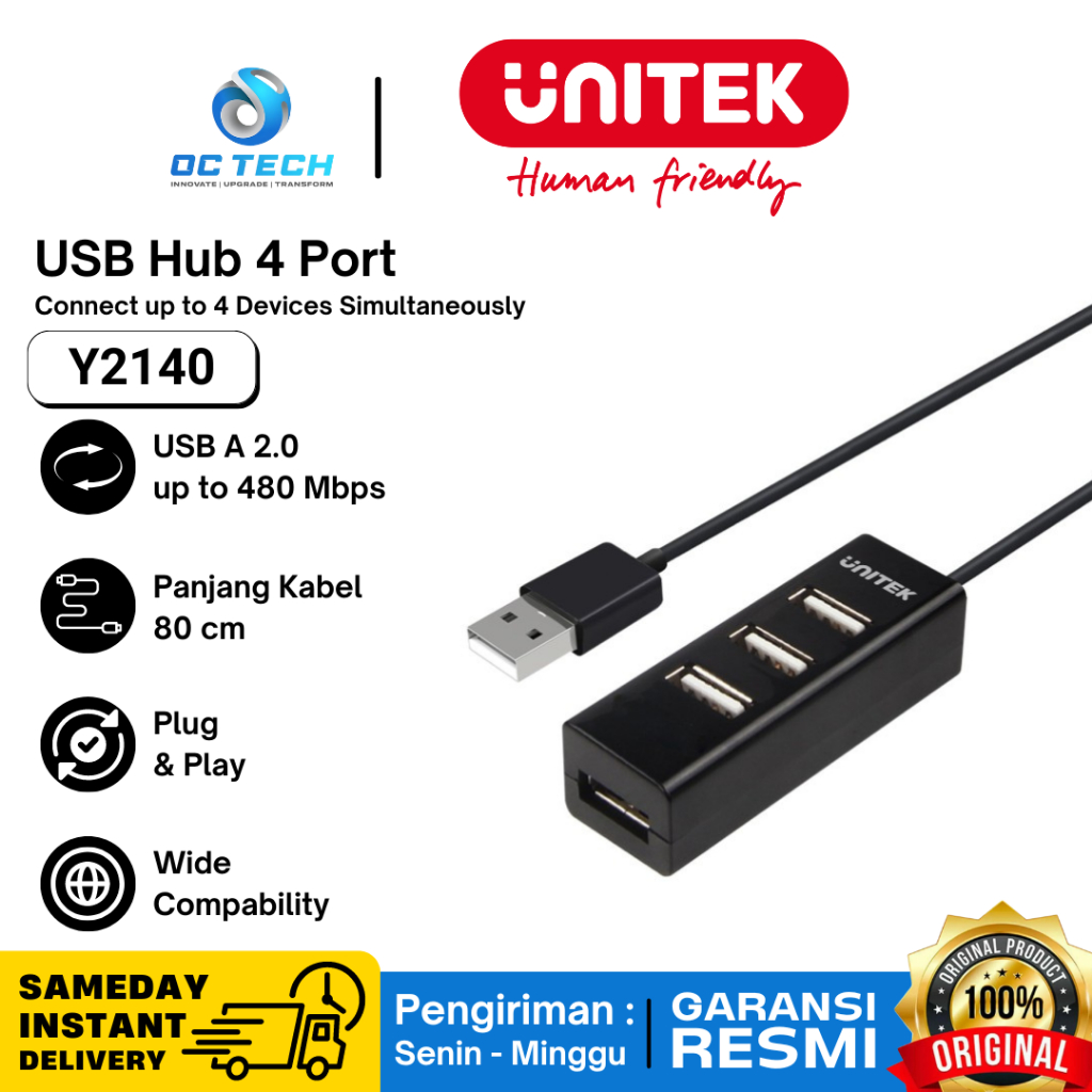 USB HUB 2.0 4 PORT BLACK 80CM CABLE USB HUB UNITEK Y2140 UNITEK Y-2140 UNITEK Y-2140 การรับประกันเดิ