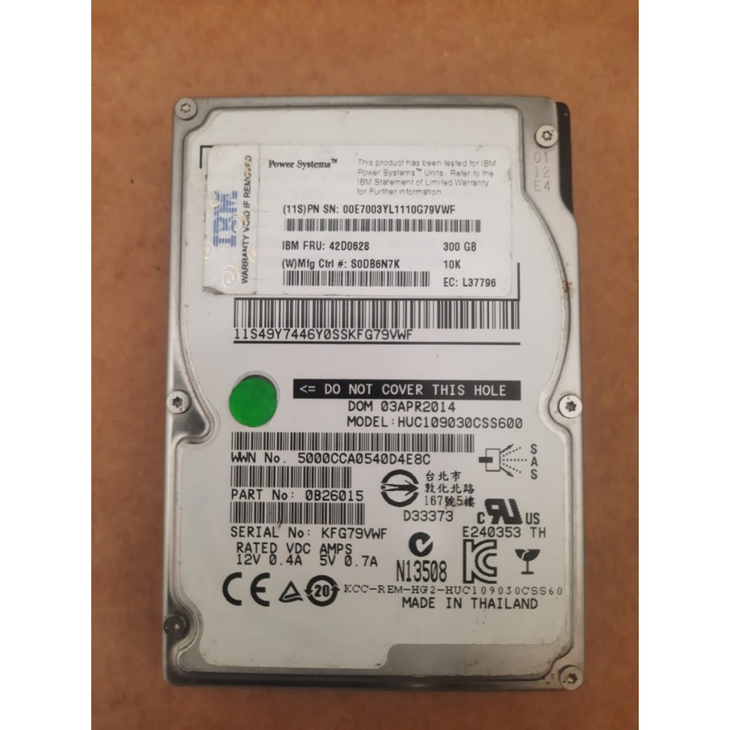 ระบบ IBM X รุ่น HUC ฮาร์ดดิสก์109030CSS600 P/N 0B26015 SAS 300 GB 10K