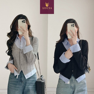 LUCIA-KEMEJA BLOSE WANITA KOMBINASI 2 WARNA |KEMEJA CROP WANITA ACARDYGAN CROP WANITA \ CROP TOP WANITA | KEMEJA SALUR WANITA KEMEJA CROP KOMBINASI SALUR | kemeja crop top