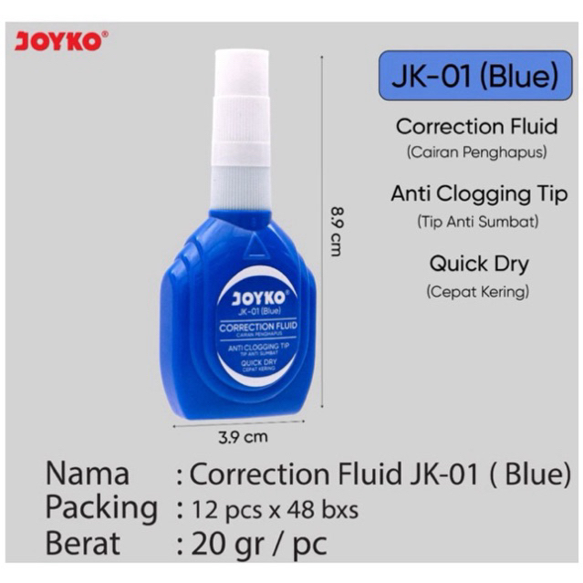 (1 ชิ้น) JK-01 Correction Fluid Blue / Tip X Blue / Type x Joyko JK-01 Liquid Eraser Correction Flui