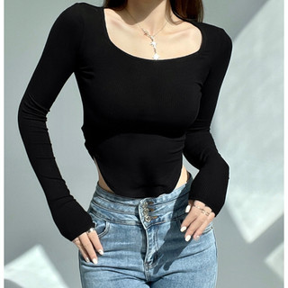Ivori Fashion Store - Square Neck Long Sleeve Shirt Blouse Crop  Top Panjang Motif Rayon Baju Wanita