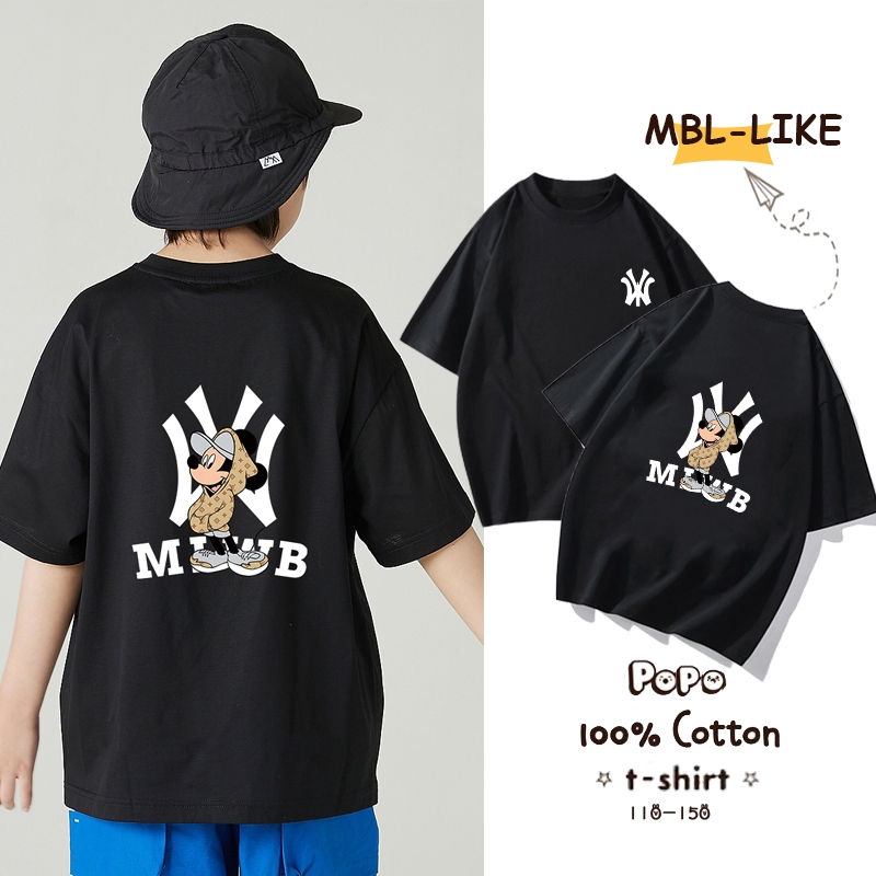 ใหม่ Popo MLB "NY" Mickey Mouse ยี่ห้อ Together ชายหญิงเสื้อยืด Oversize Unisex เสื้อยืด 2-12 ปีพรีเ