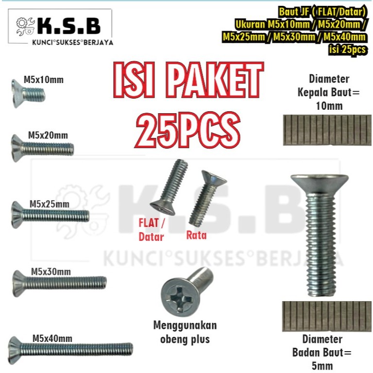25PCS JF Bolts (หัวFLAT) M5x10mm / M5x20mm / M5x25mm / M5x30mm / M5x40mm