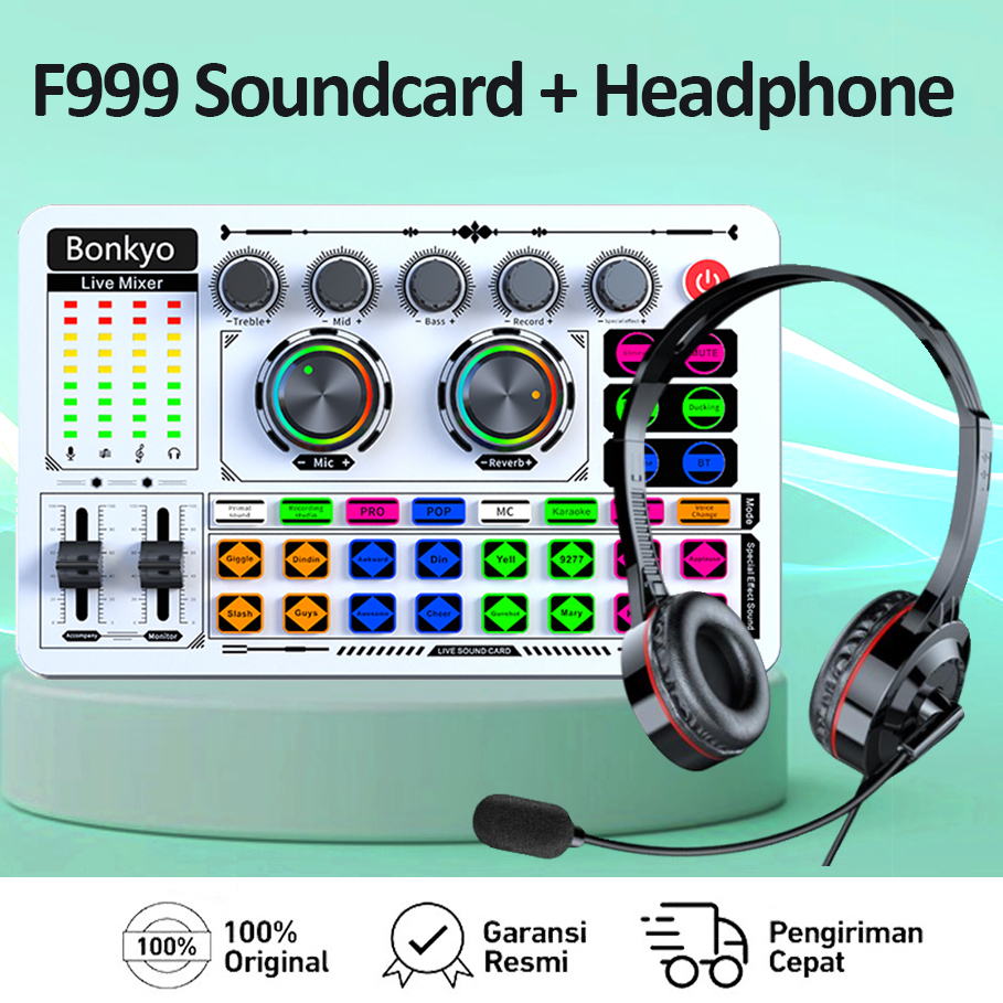 Peralatan F999+ชุดการ์ดเสียงหูฟัง อุปกรณ์ร้องเพลงหรือถ่ายทอดสด พร้อมหูฟังและไมโครโฟน