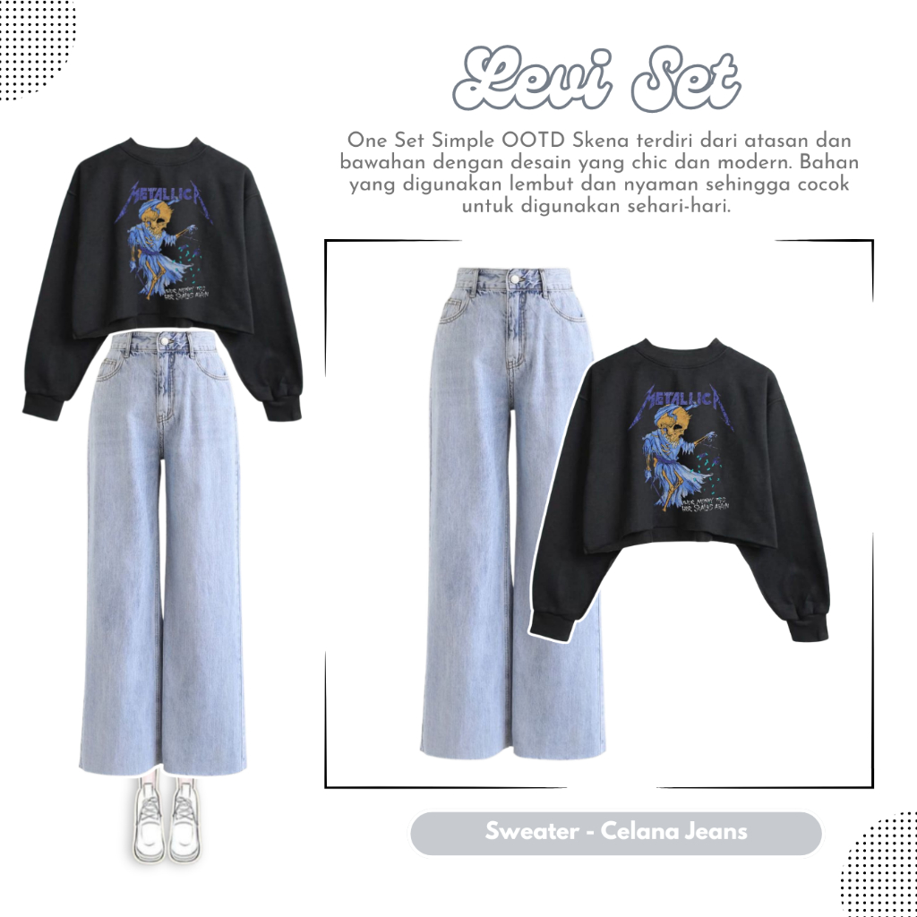 Styl Levi Set | One Set (เสื้อสเวตเตอร์ครอป + กางเกงยีนส์) | ชุดเซ็ทผู้หญิง& 39;s เรียบๆ