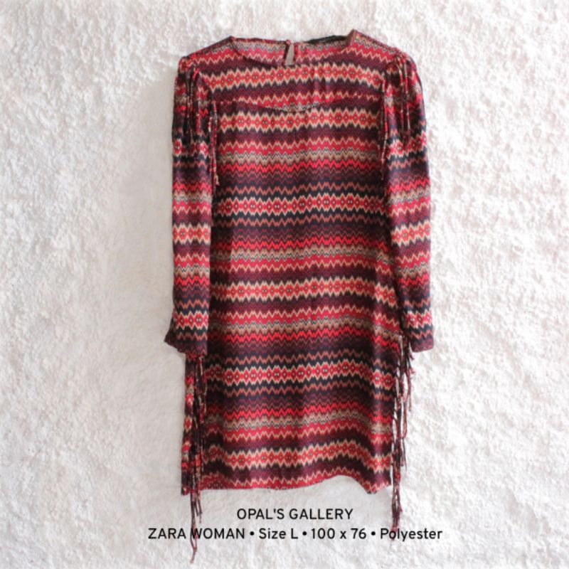 ZARA Boho Western Fringe Shift Dress Tunic Midi Dress Size L โพลีเอสเตอร์