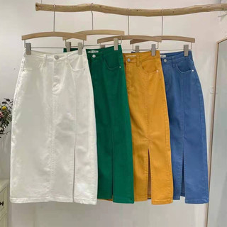 [ cantikya.id ] Rok Highwaist Rok Jeans Wanita rok jeans panjang korean style Rok span putih Rok 7/9 Kekinian Fashion Split Denim Rok