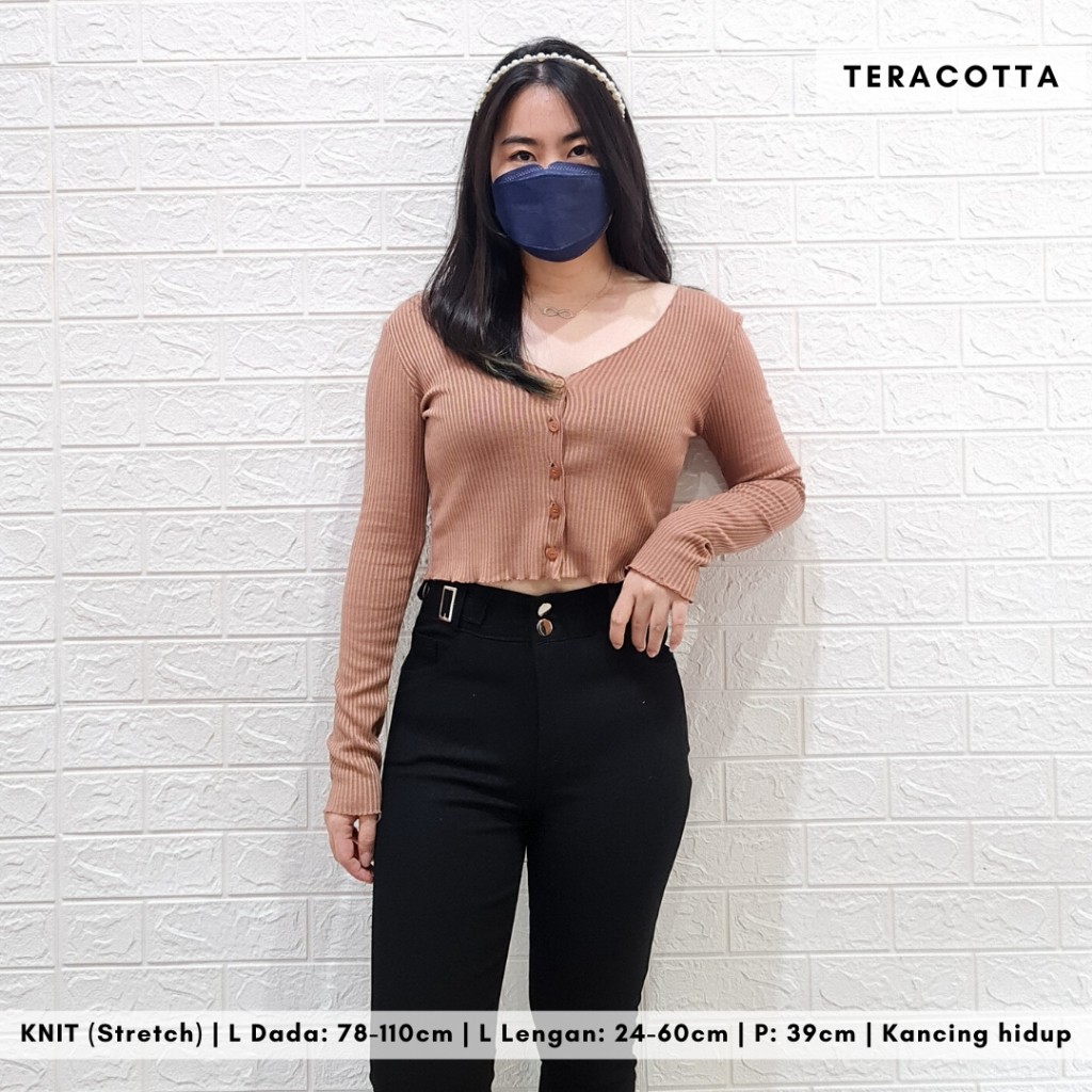 4605 mive ปุ่มถักแขนยาวคาร์ดิแกนเสื้อครอปถัก