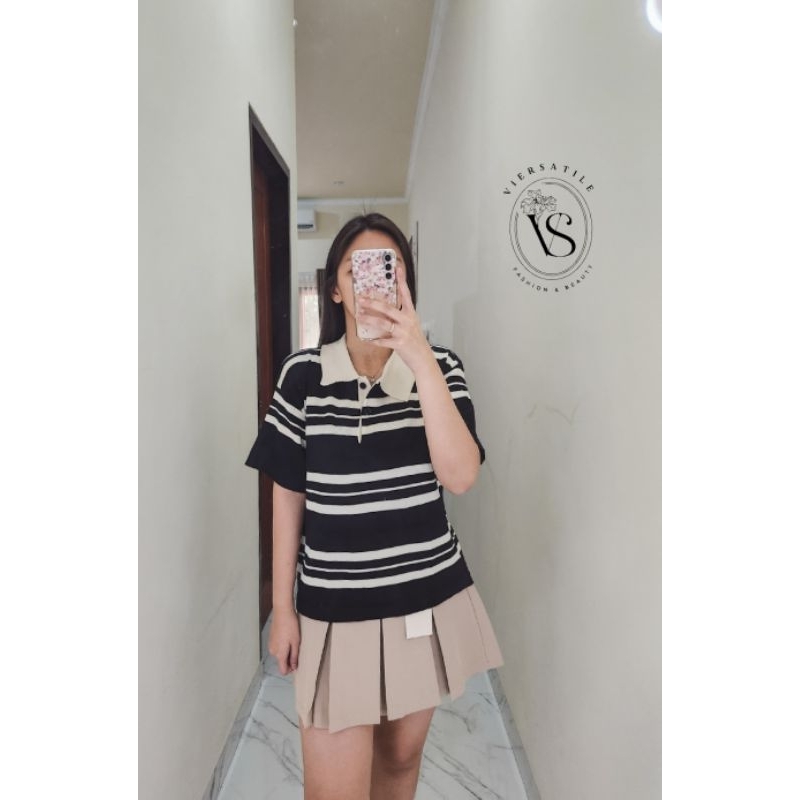 เสื้อถักโปโล Topping-dhea สีดําเท่านั้น/ เสื้อถักสายคอปก เข้ารูปใหญ่