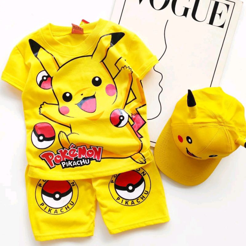 POKEMON เสื้อผ้าเด็กชุด PIKACHU น่ารักพร้อมหมวกสําหรับอายุ 1-10 ปี