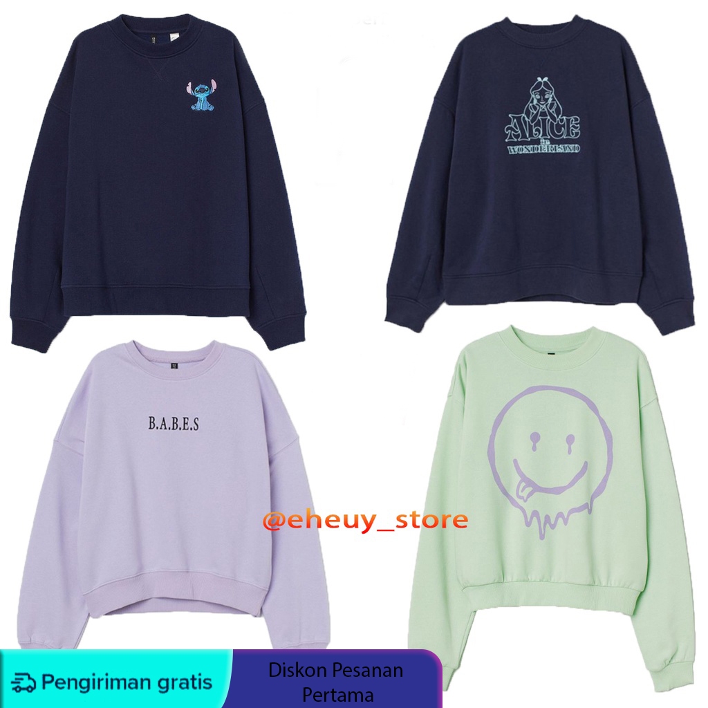 Katun Crewneck HM ALICE SMILE BABES STITCH SWEATER ผู ้ หญิงผ ้ าฝ ้ ายขนแกะวัสดุ