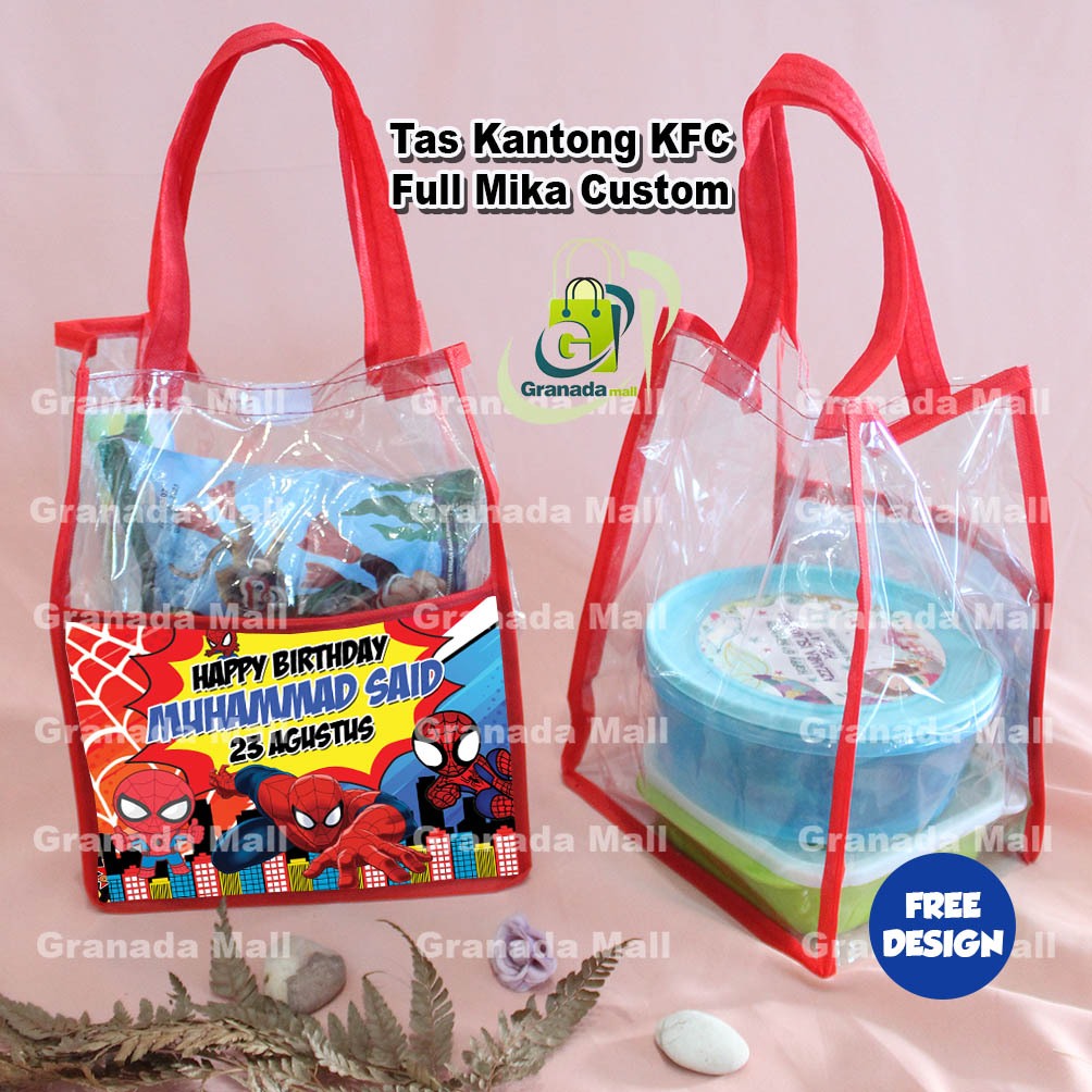 วันเกิด SOUVENIR BAG KFC POUCH FULL MIKA TRANSPARANT CUSTOM NAME FITS KFC UK 20X14X25- BIRTHDAY GOOD