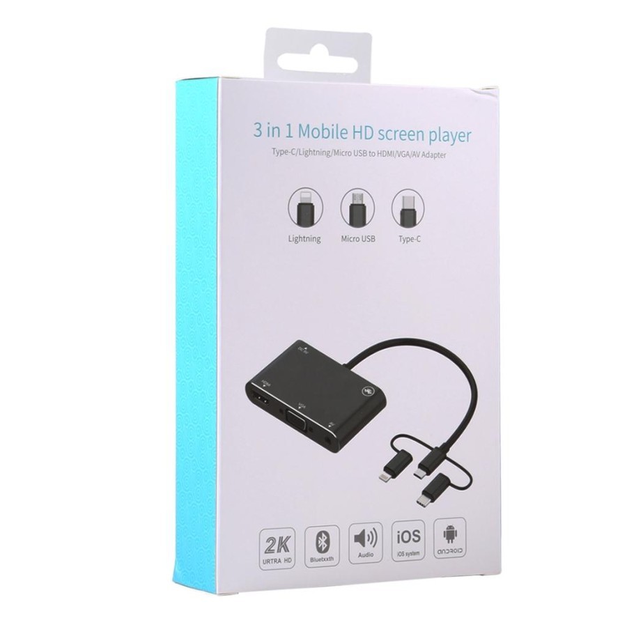 3in1 Lightning Micro USB Type-C เป็น VGA HDMI AV Hub Adapter
