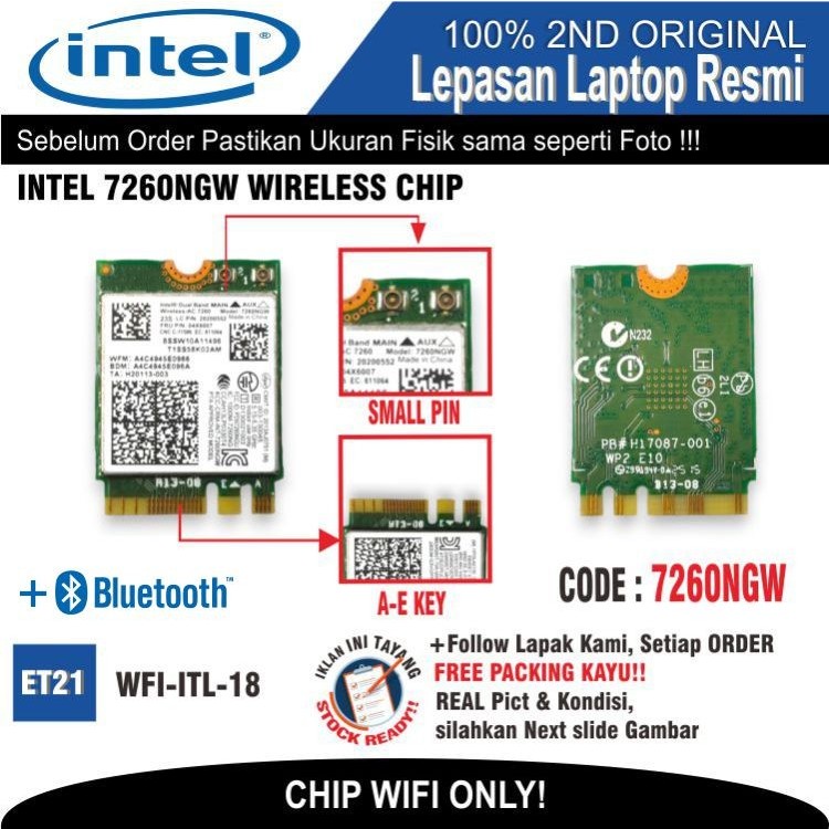 ET21 WFI-ITL-18 การ์ด WiFi ชิปแล็ปท็อป INTEL 7260NGW