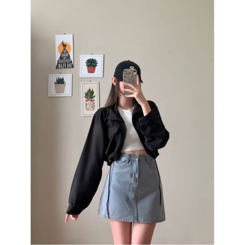 Hollingberry x Elaine - Jiye Crop Jacket เชือกแขนยาวสไตล์เกาหลี