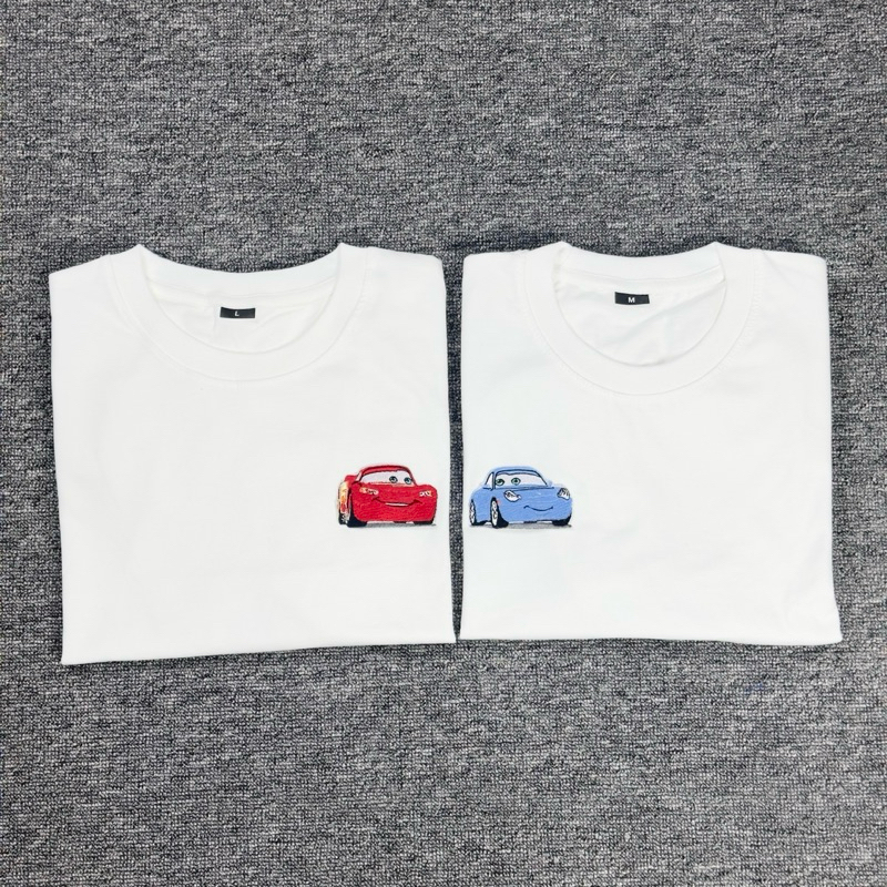 Katun เสื้อยืดรถคู่แสง mcqueen & sally เสื้อยืดผ้าฝ้ายปัก
