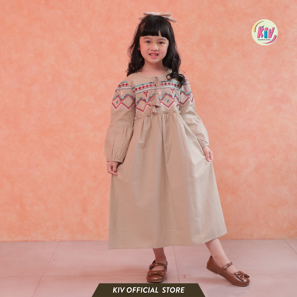 KIV Gamis Anak Katun Polos Navy Milo Fanta Motif Brown Gray Lilac Kombinasi Bordir DO 161 A GO 44 GO