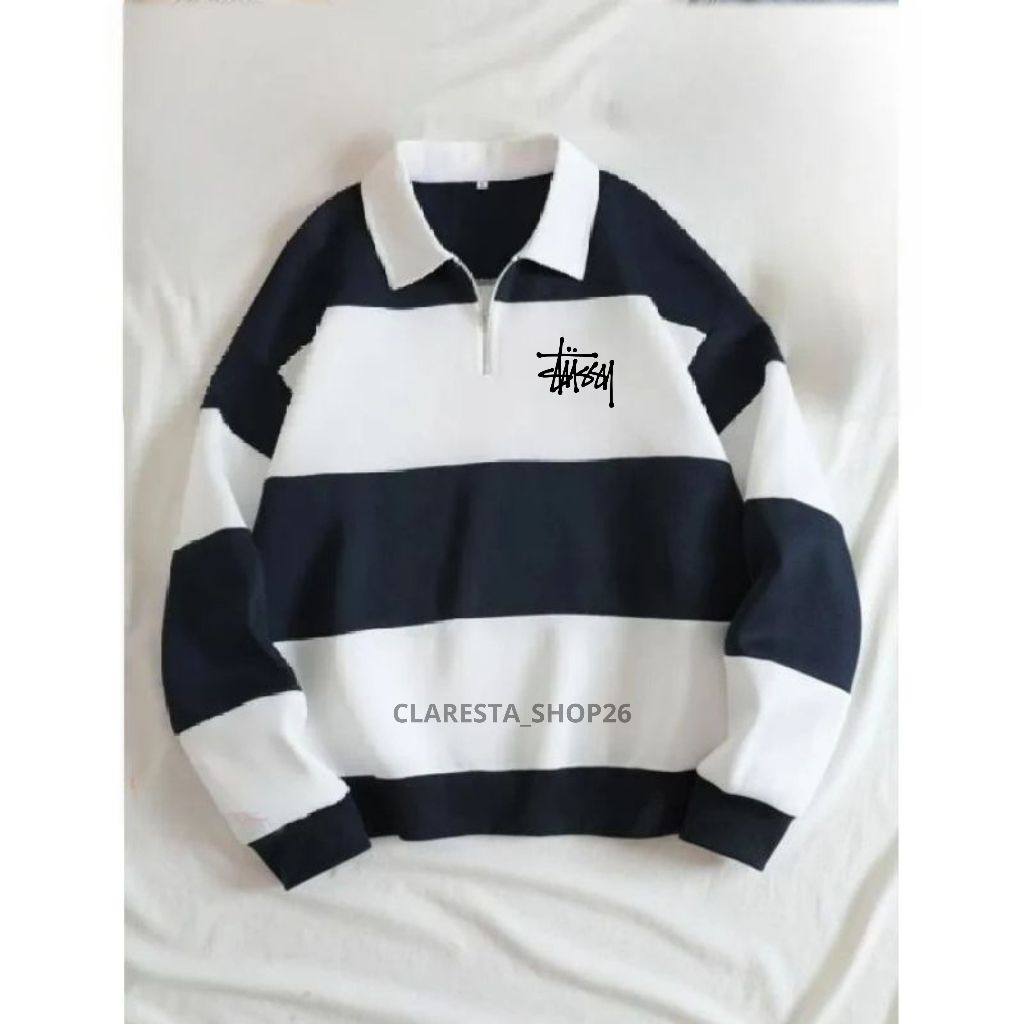 RUGBY STUSSY STRIPE SWETER COMBINATION ZIPPER COLLAR SWETER ผู้ชายผู้หญิง HALFZIP STUSSY SWEATER