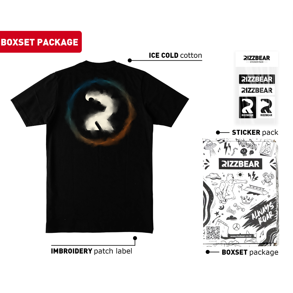 Hitam Rizzbear เสื้อยืดแขนสั้นผู้ชายสีดําแบรนด์เดิม Distro Mondelez เสื้อยืดสีดํา