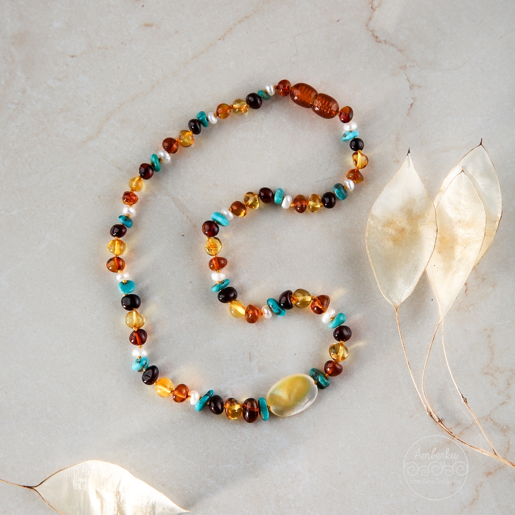 AMBERKU - สร้อยคอสีเหลืองอําพัน Moana สําหรับเด็กวัยหัดเดิน - ผู้ใหญ่พร้อมไข่มุก KP2