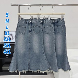 < elegan.girl >Rok denim rok fishtail pinggang tinggi A-line pinggang tinggi gaya Korea wanita tepi mentah Rok Jeans Mermaid  Duyung Soft Jeans