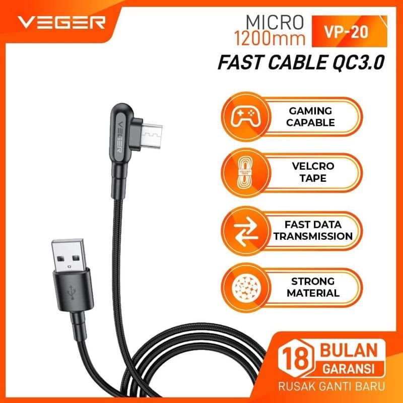 [MAKASSAR] VEGER VP-20 MICRO USB 120cm QC 3.0 Micro Gaming data Cable/cas ORIGINAL Official Warranty