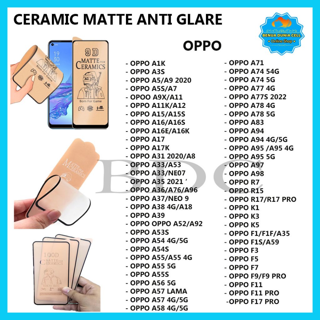 ANTI SCRATCH CERAMIC MATTE ANTI GLARE OPPO A57 4G 5G A58 F1S A59 F3 F5 F7 F9 F11 F11 PRO F17 PRO A71
