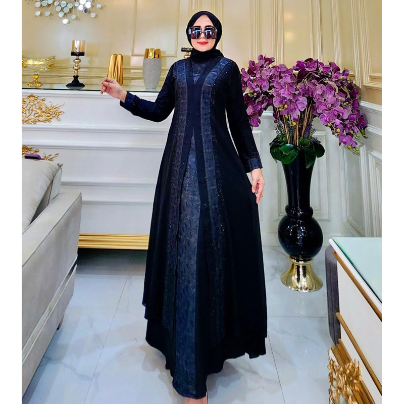 Hitam PUTIH ตุรกี ABAYA GAMIS EMBROIDERED HAWA 141 SONGKET สีดําเต็มรูปแบบ, สีขาวและทอง