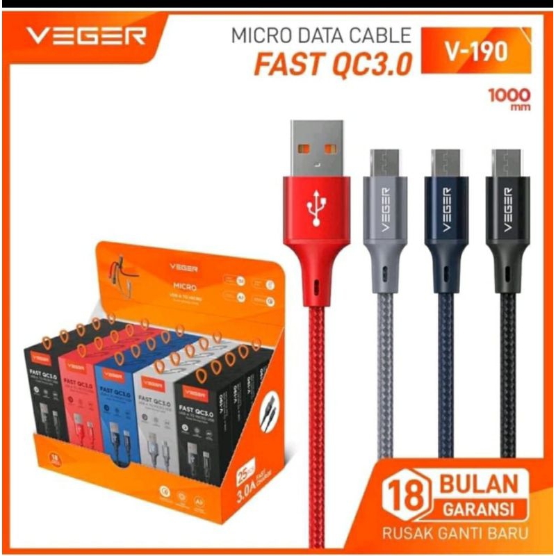 VEGER V190 MICRO, V200 TYPE C, V210 LIGHTNING 3A สายเคเบิลข้อมูลชาร์จเร็ว OFFICIAL ORIGINAL รับประกั