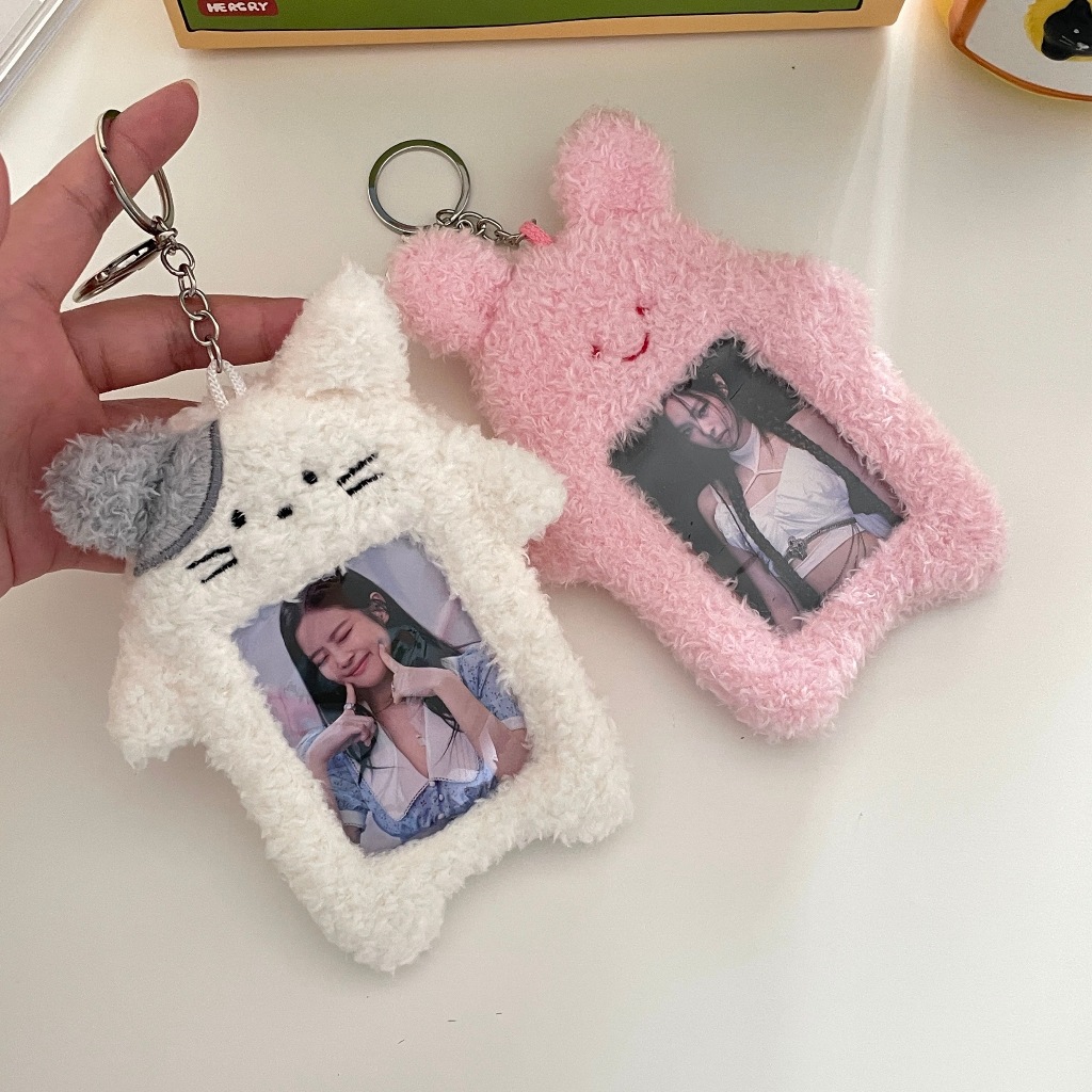 3 นิ้วตุ๊กตา Photocard Rabbit Cat / BTS PC Holder / ID Holder / Lanyard / Cute Fur Card Holder Schoo