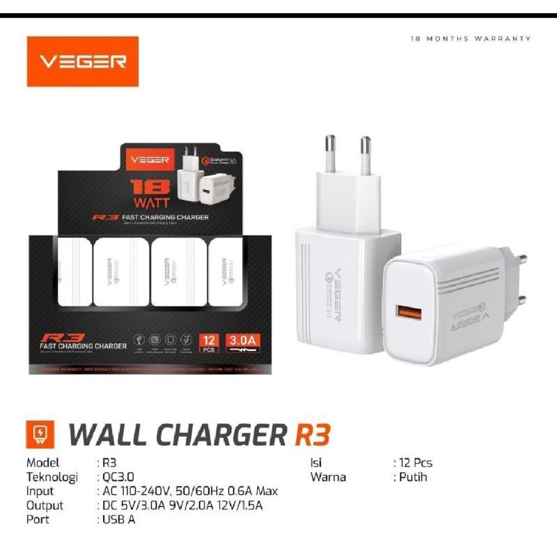 [UNIT PRICE] 18W VEGER R3 Fast Charging Charger Adapter 3A QUALCOM 3.0 Charger Adapter - UNIT-