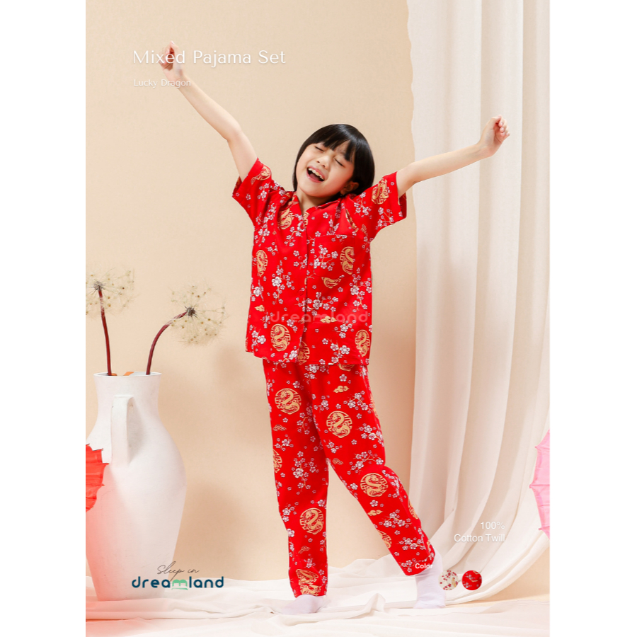 Sleep In Dreamland - Lucky Dragon Red (Merah Naga) - Piyama Anak, Pakaian Tidur Anak Lengan Pendek &