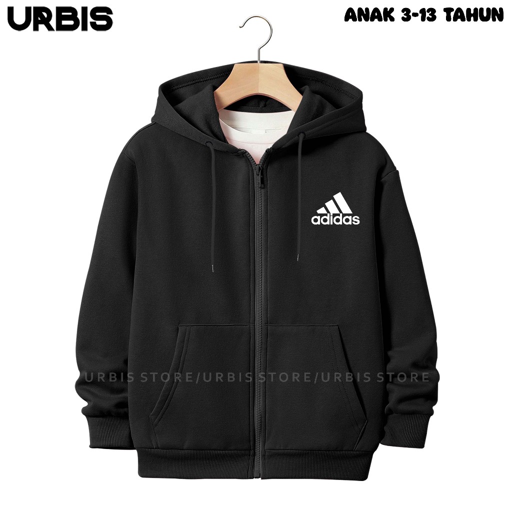 ADIDAS ซิปเสื้อกันหนาวหมวกแจ็คเก็ตเสื้อกันหนาวสําหรับหนุ่มๆสาวๆอายุ3-13ปีอาดิดาสสกรีนวัสดุขนแกะหนาพรีเมี่ยม