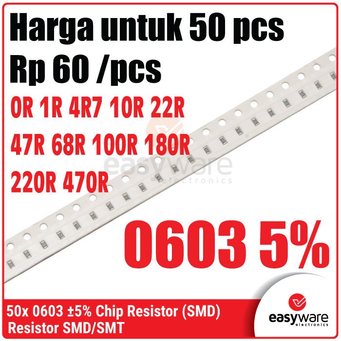 50pcs ตัวต้านทาน 0603 0R 1R 4R7 10R 22R 47R 68R 100R 180R 220R 470R 560R ตัวต้านทานชิป SMD 0603 5% 0