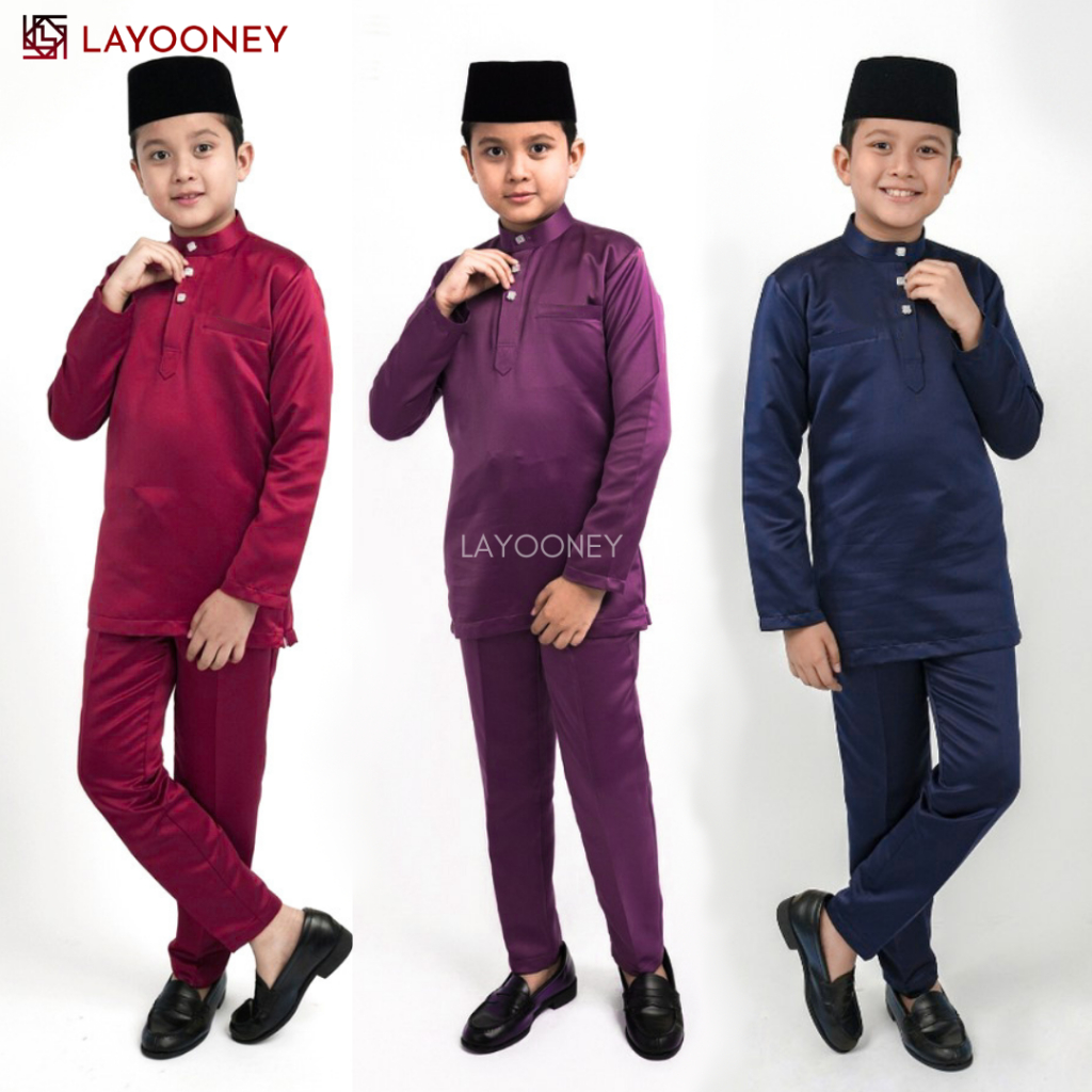 Layooney Baju Melayu Boys Telk Belanga Cekak Musang ชุดมุสลิมเสื้อผ้า Koko Boys แบบดั้งเดิมมาเลเซียวัสดุซาตินกํามะหยี่พรีเมี่ยม
