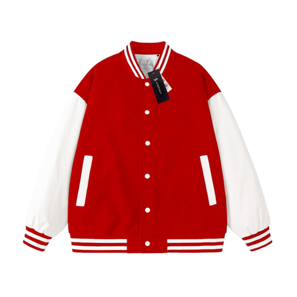 MERAH Jemssky - เสื้อแจ็คเก็ตเบสบอลธรรมดาสําหรับผู้ชายและผู้หญิง Distro สีแดงและสีขาว