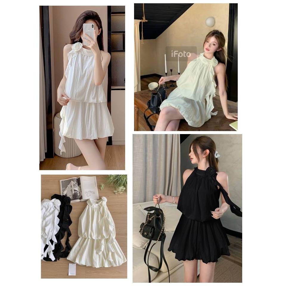 1085 LBD 3D ดอกไม้ คล้องคอ ริบบิ้น มินิเดรสผ้าฝ้ายพอง/ชุด Katunhalter คอพองมินิ 3D ดอกไม้ pin