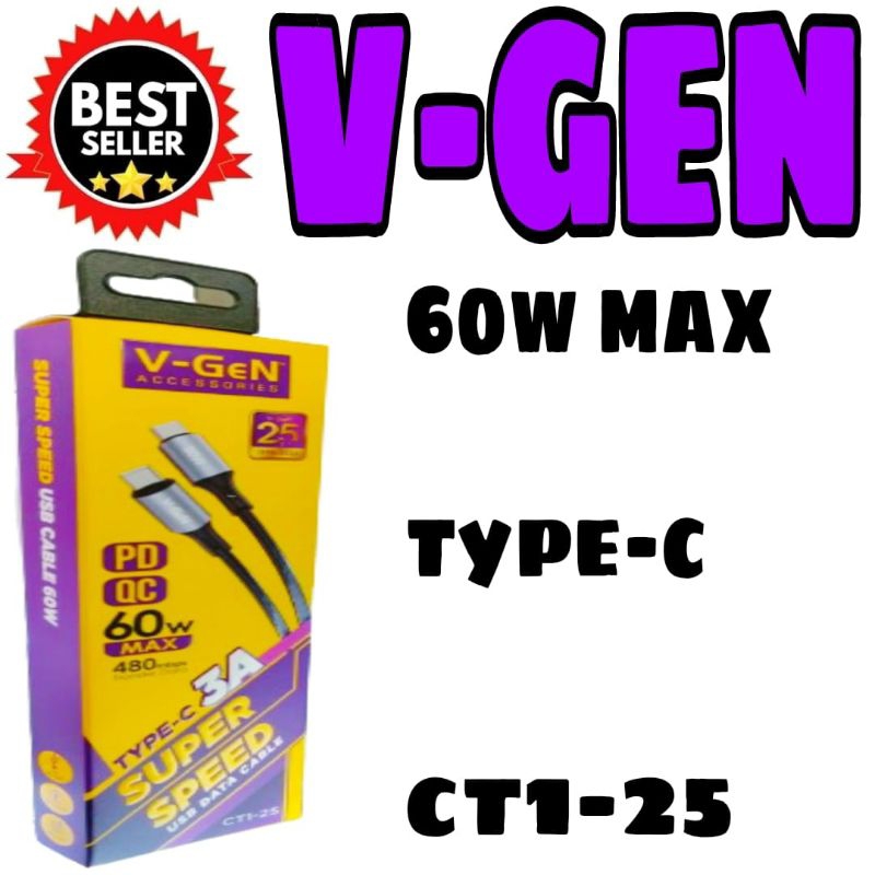 V-gen CT1-25 Type C To C 3A Super Speed 60W Max Data Cable