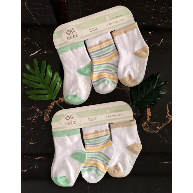 TERACOTTA19 - [ 3 คู่ ] OK BABY ถุงเท้าเด็กกันลื่น 12-24 M