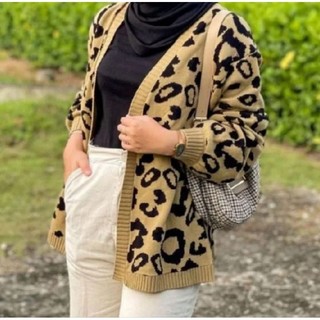 Cardigan Motif Leopard Wanita Jumbo Rajut Oversize Korean Style Atasan Wanita Lucu Kekinian
