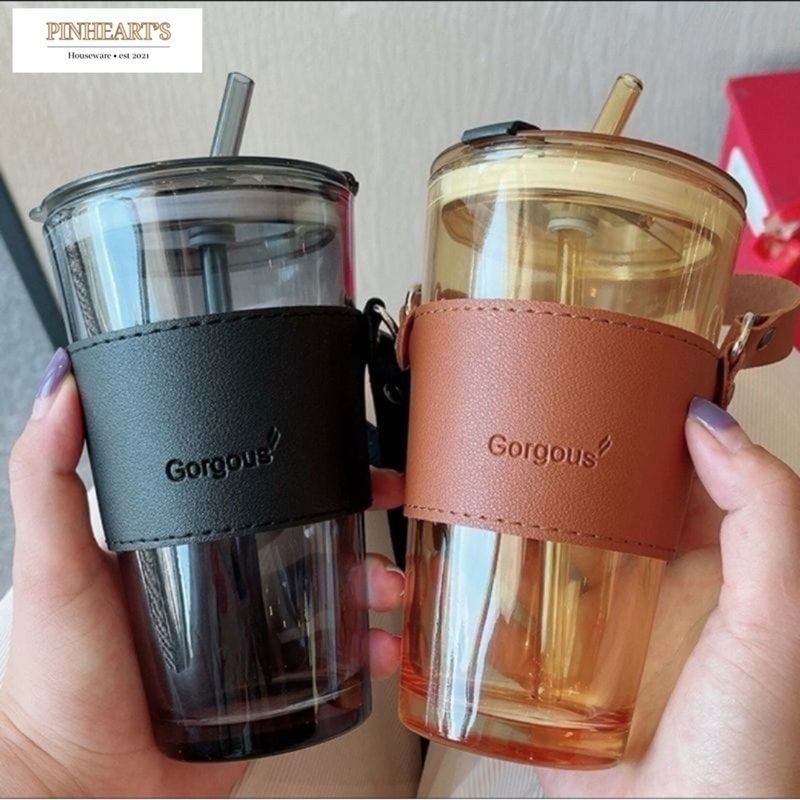 AESTTHETIC ถ้วยแก้วแก้วพร้อมเคสหนัง + หลอดทนความร้อน 800ml / 800ml ถ้วยแก้วกาแฟ | แก้วน้ํา