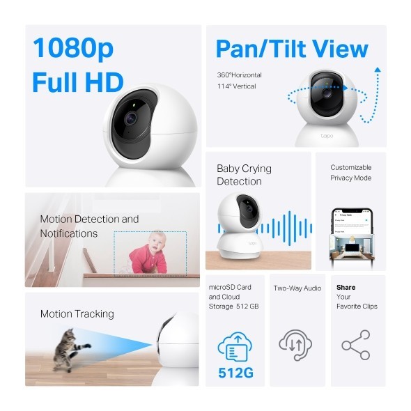 TP-LINK Tapo C210 3MP/2K กล้องวงจรปิด Pan/Tilt 360° กล้องรักษาความปลอดภัยภายในบ้าน Wi-Fi - Tapo C210
