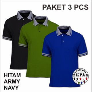 - PAKET 3pcs PENDEK KAOS POLO SHIRT POLOS HITAM PUTIH KERAH STRIPE | COWOK/ WANITA