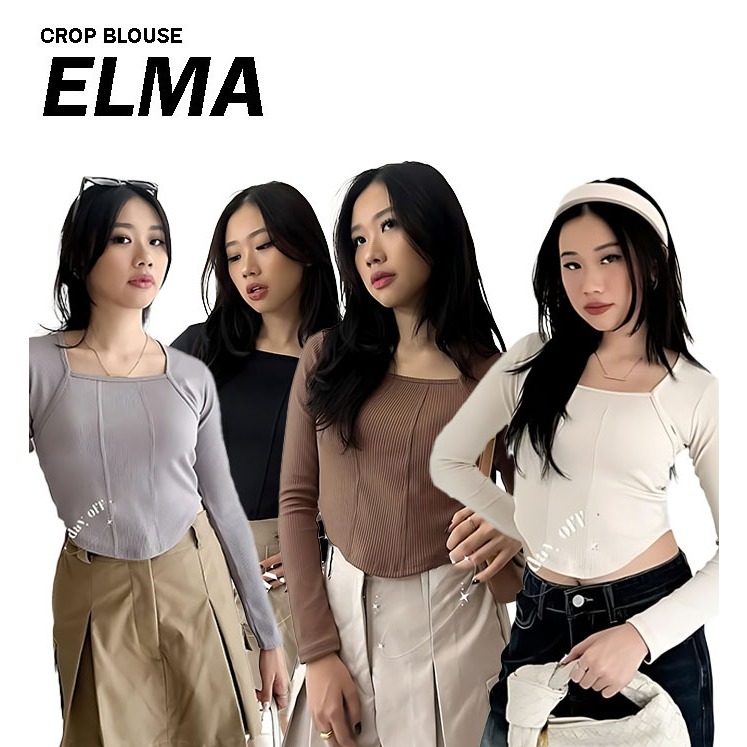 เสื้อเกาหลี - Elma Crop Top แขนยาว - เสื้อสตรี Rib Crop