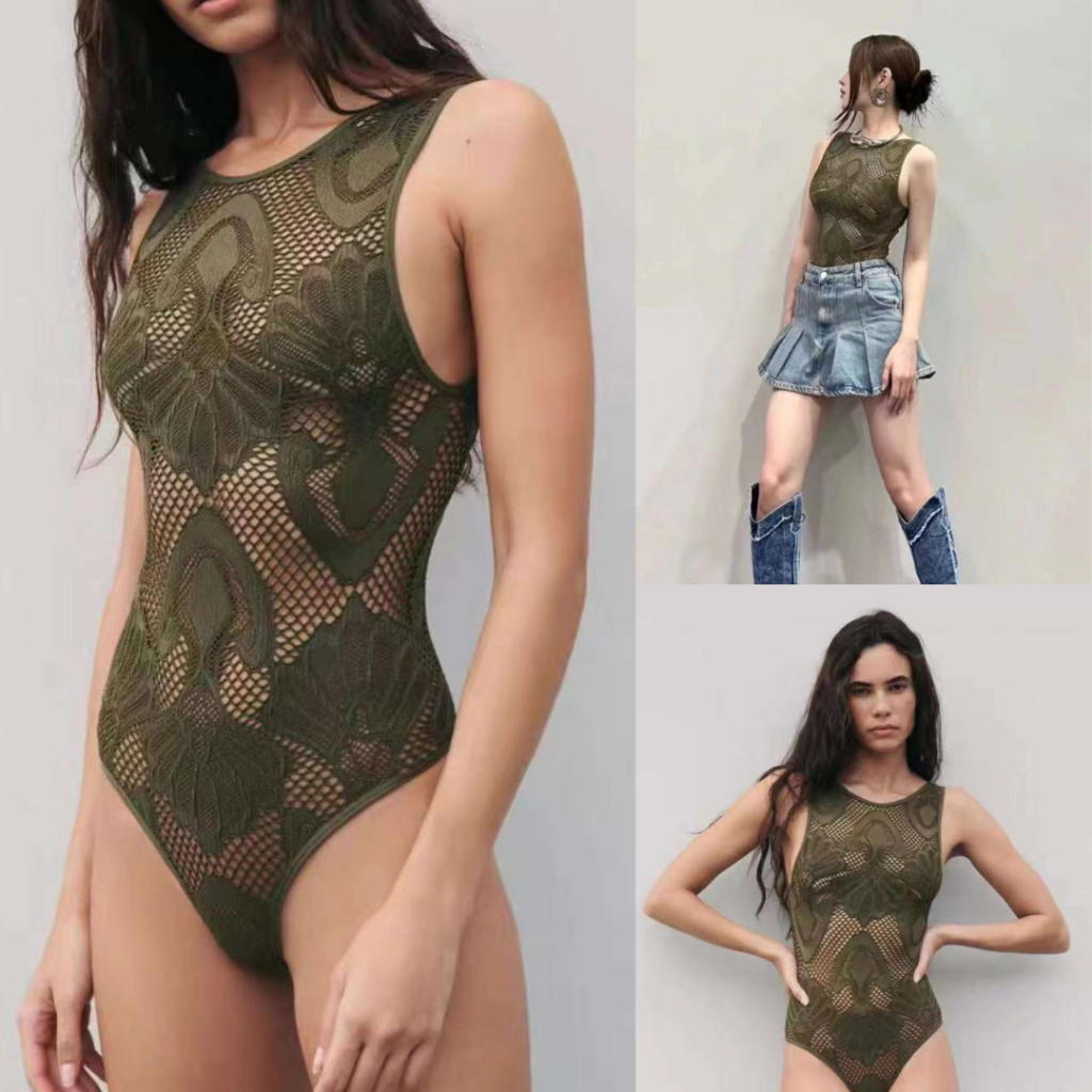 Oppa Style Shop JS004 จั๊มสูทตาข่ายผู้หญิงมีลาย / ชุดบอดี้สูทกีฬาสําหรับออกกําลังกายโยคะ