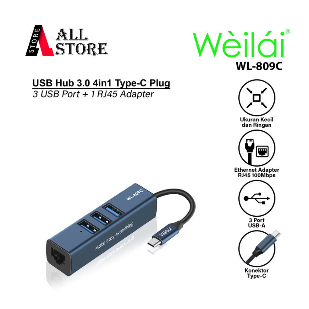 Weilai WL-809C USB HUB ปลั๊ก USB-C 4 in 1 USB3.0 + อะแดปเตอร์ RJ45