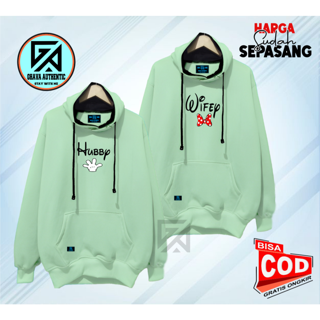 HIJAU Ghava Hudie Distro Couple Mens Womens Oversize Mint Green Color Print Motif Hubby & wifey Cool