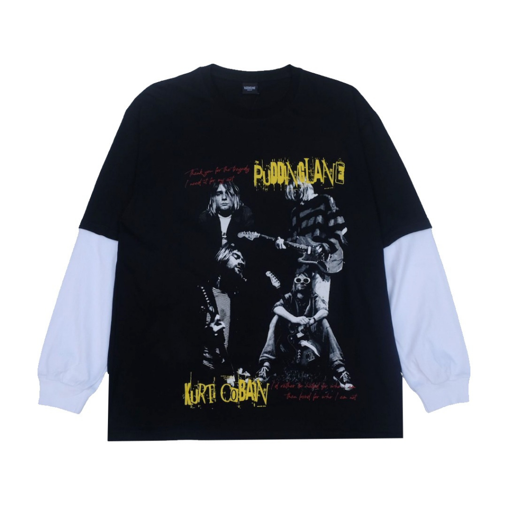 Puddinglane เสื้อยืด Unisex ผู้ชายผู้หญิงแขนยาวเสื้อยืดสองชั้น Kurt Cobain