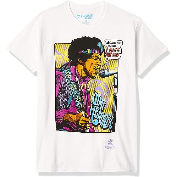 เสื้อยืด Liquid Blue Men & 39;s Jimi Hendrix Pop Art & 39;Scuse Me Wile I Kiss The Sky เสื้อยืด