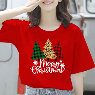 เสื้อยืดแขนสั้น พิมพ์ลาย Merry Christmas โอเวอร์ไซซ์ สําหรับผู้หญิง และผู้ชาย